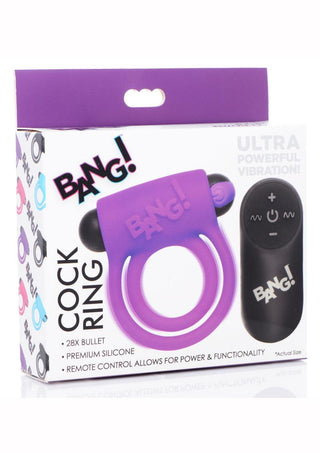 Bang! Silicone Rechargeable Cock Ring and Bullet with Remote Control - Black