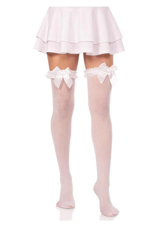 Leg Avenue Lace Garter Sheer Striped Thigh Highs with Satin Bow Accent