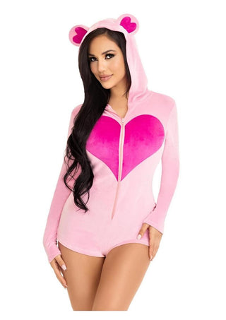 Sweetheart Bear Velvet Zip Up Romper with Heart Accent - Large - Pink