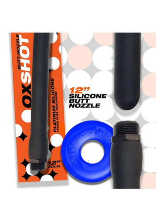 Oxballs - Oxshot Silicone Butt Nozzle Shower Hose and Cock Ring 12in - Black/Blue