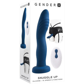 Gender X Snuggle Up Rechargeable Silicone Dual Vibrating Strap-On with Remote Control - Blue/Black - Circus of Books