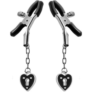 Master Series - Platinum Bound Charmed Heart Padlock Nipple Clamps - Silver - Circus of Books