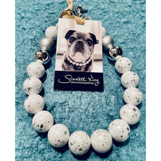 Scarlett Dog - Beaded Dog Necklace with 20mm Opaque White Beads with Silver Accents - Circus of Books